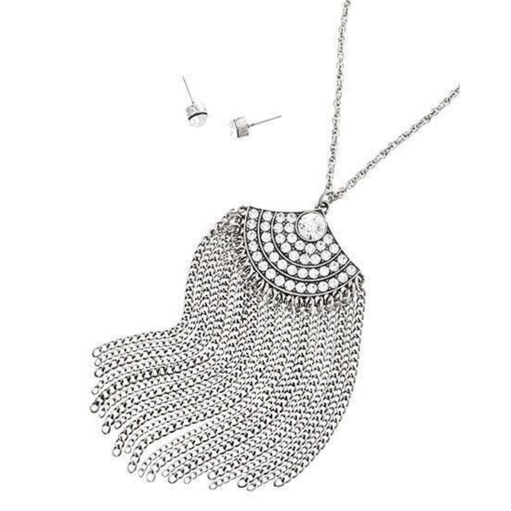 Silver GATSBY Rhinestone FLAPPER Pendant Long Chain Fringe Tassel Necklace Set